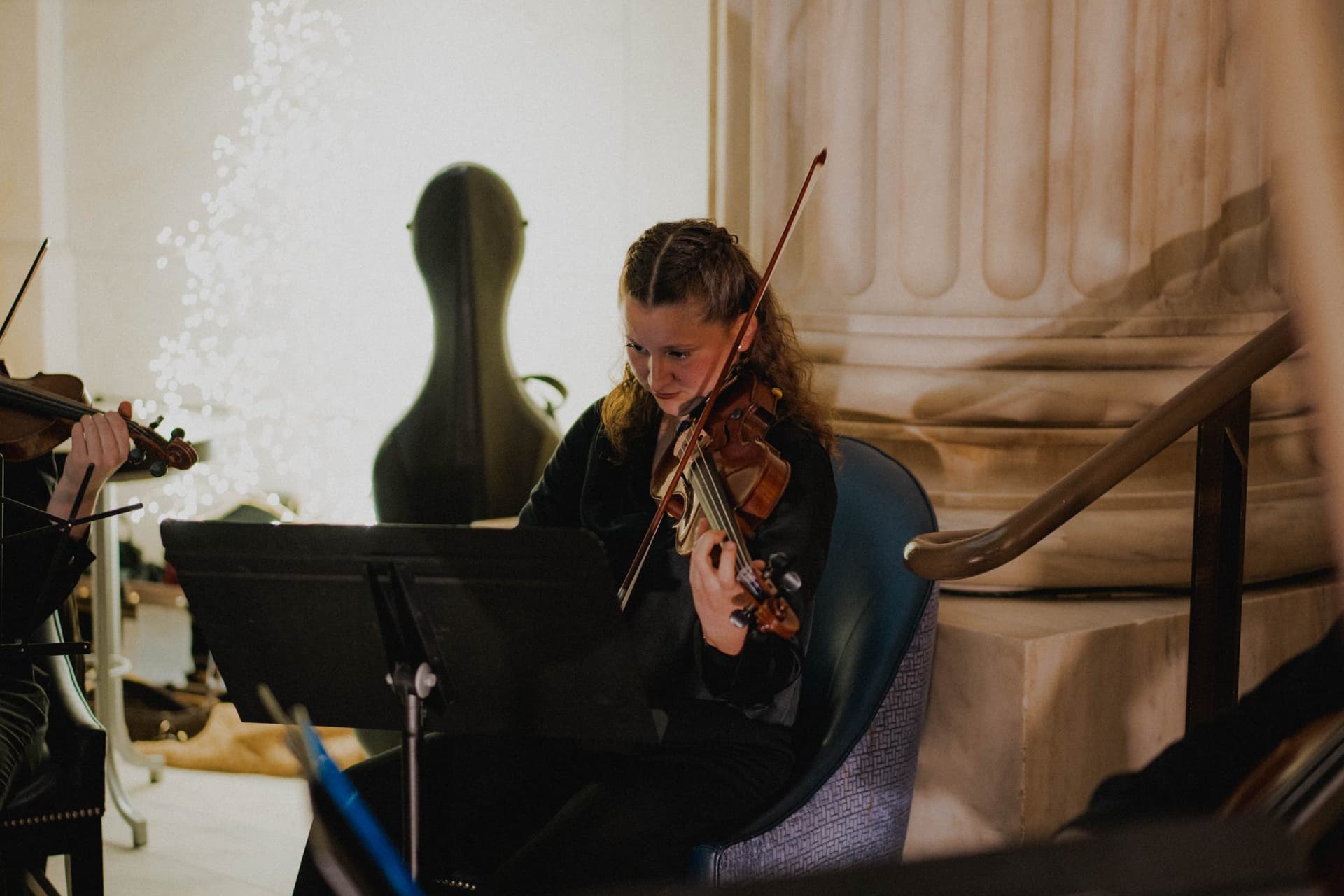 Violinist performing beside a winter tree