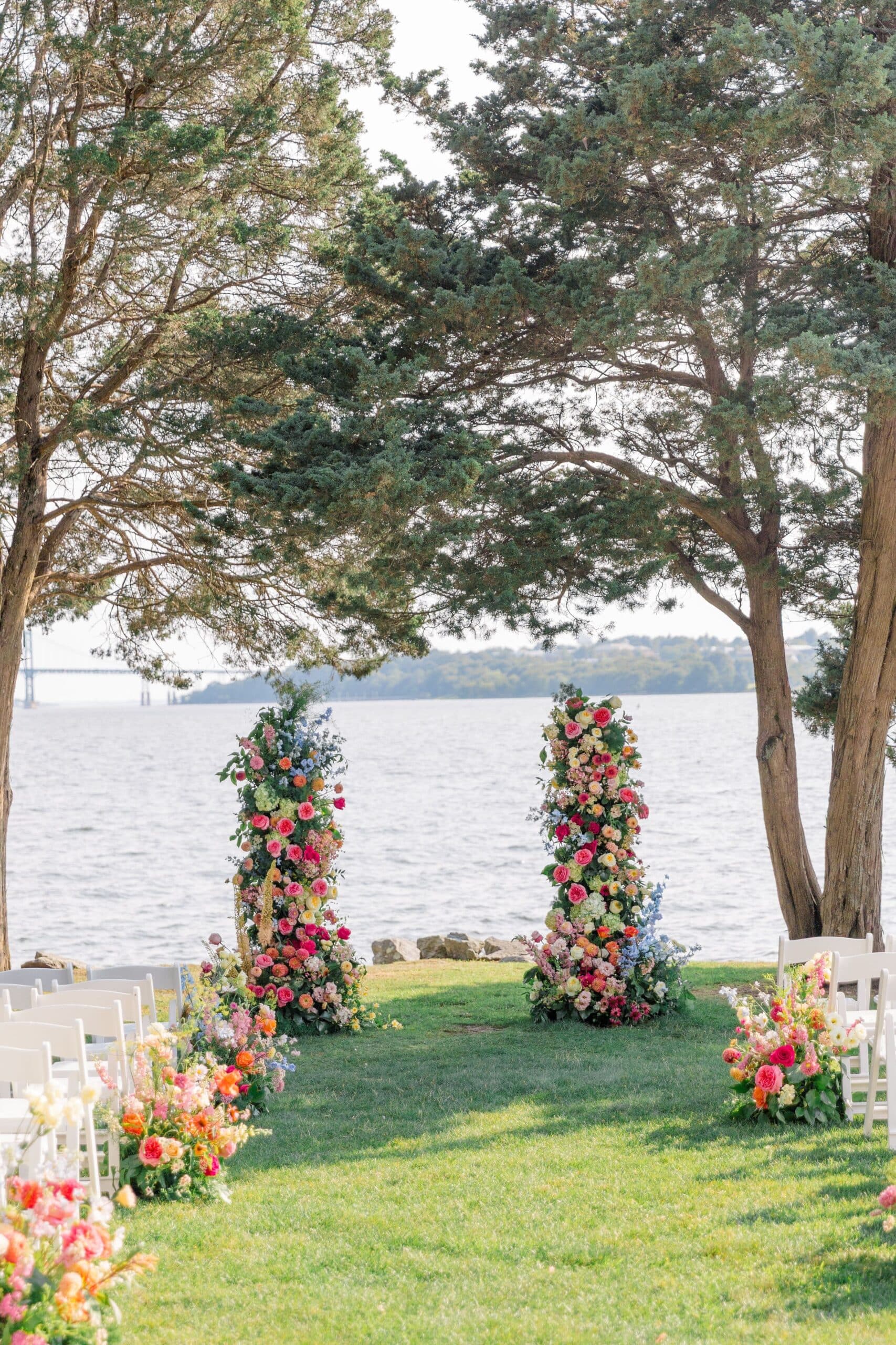 Floral arches overlooking the water